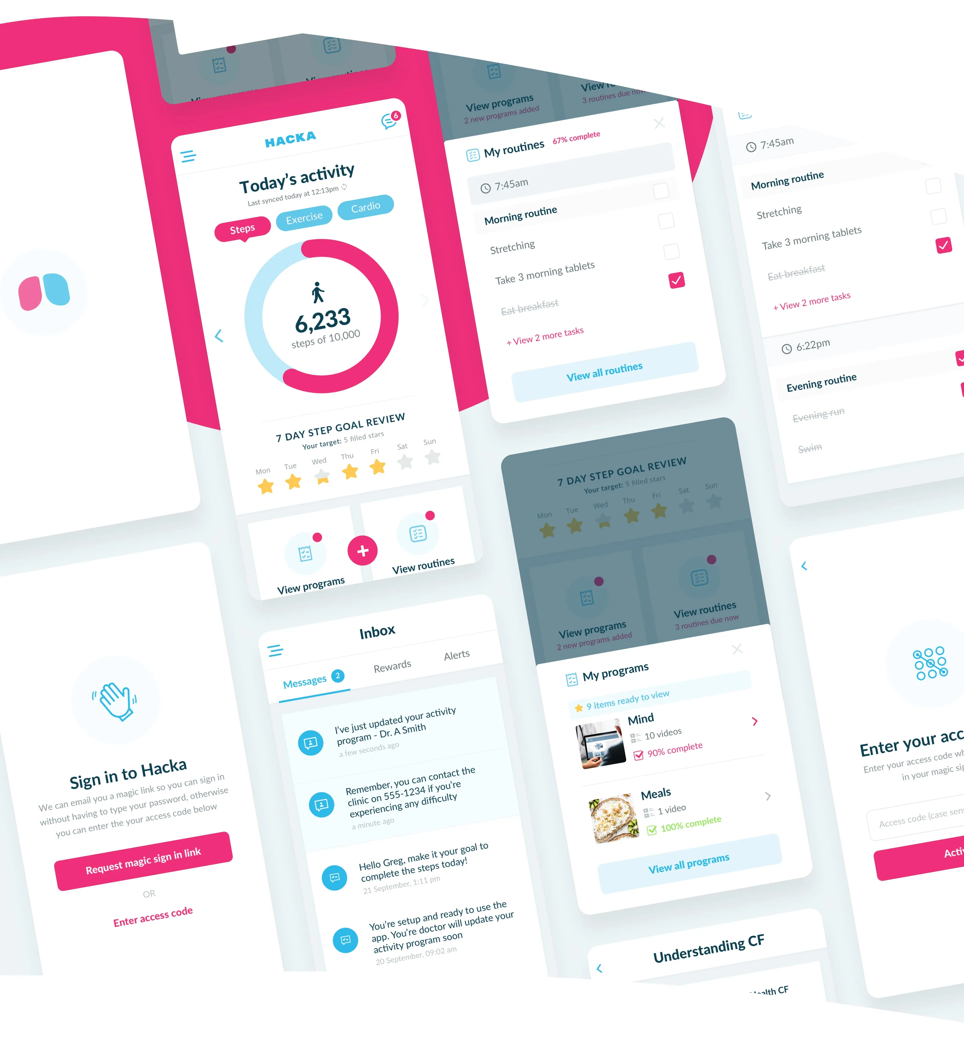 Final shipped screens — the redesigned Hacka Health app