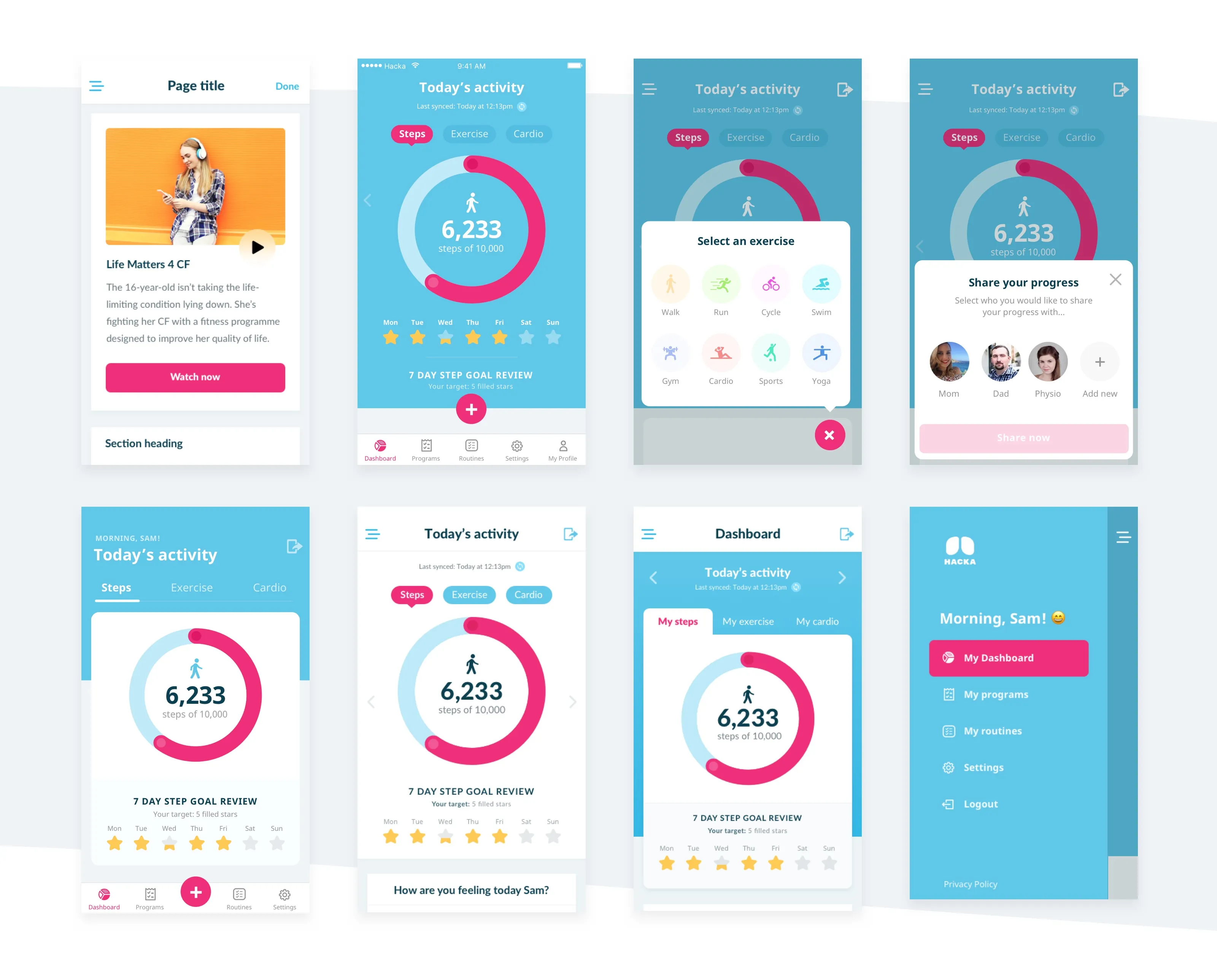 Design iterations exploring visual direction for the Hacka Health app