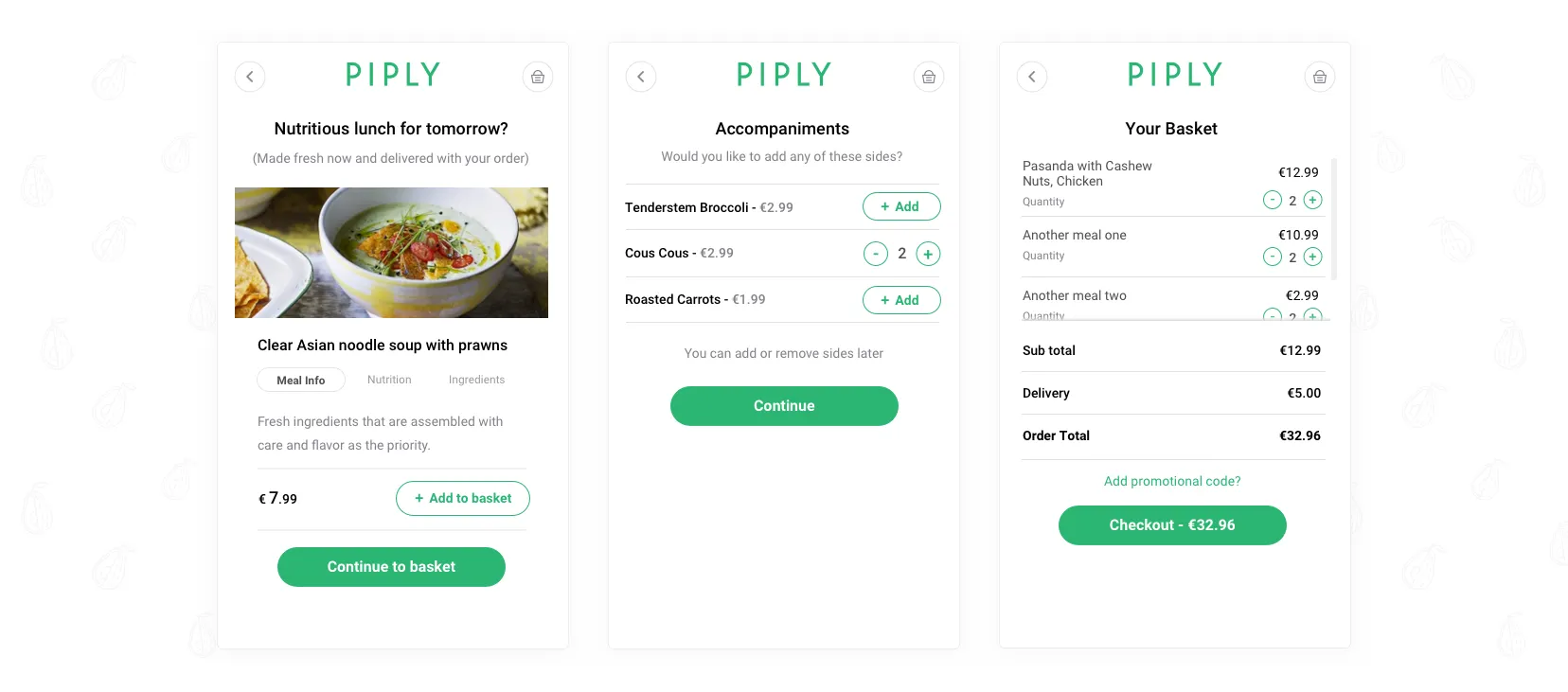 Piply app screens — meal detail, accompaniments upsell, and basket