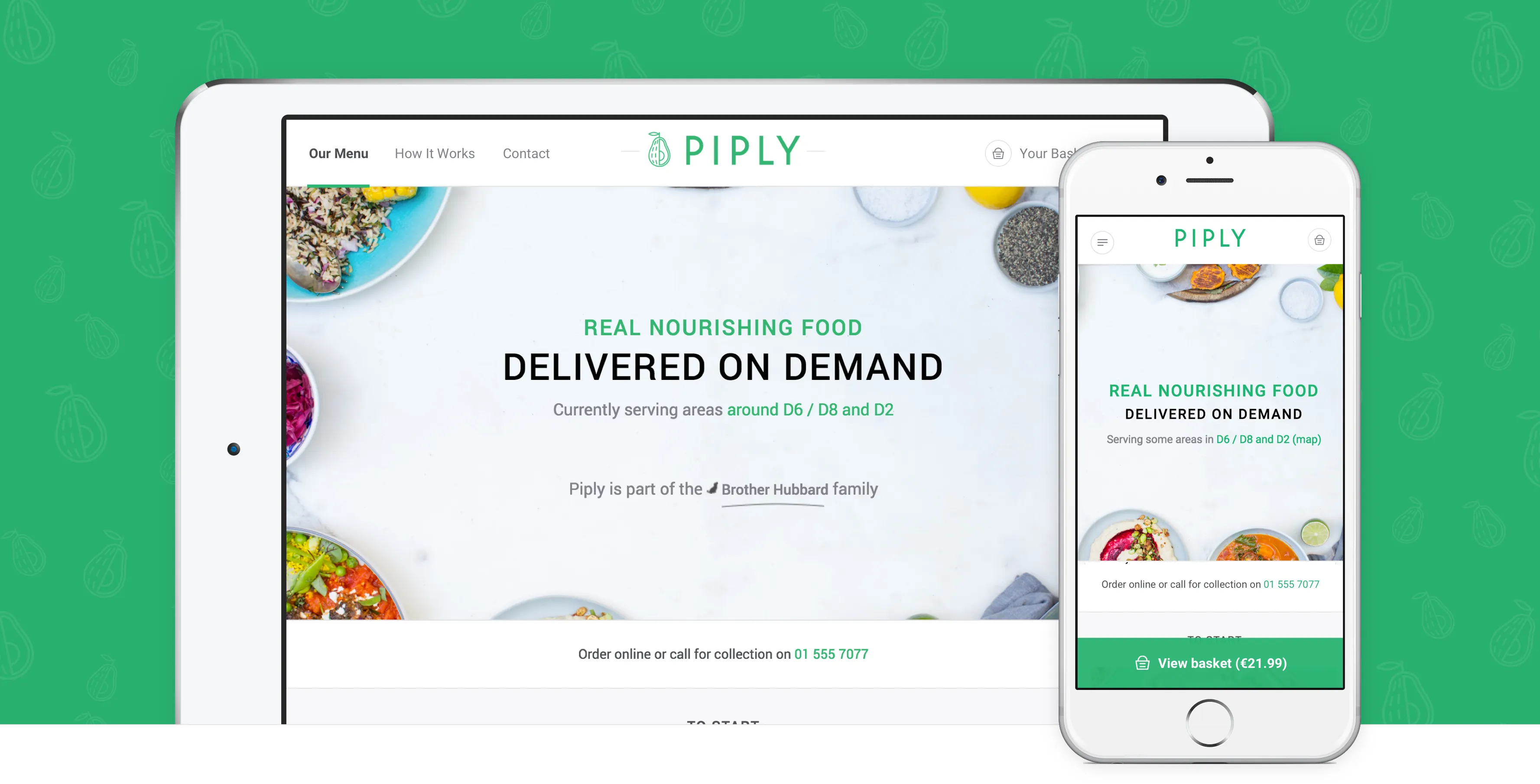 Piply website on tablet and mobile — real nourishing food delivered on demand