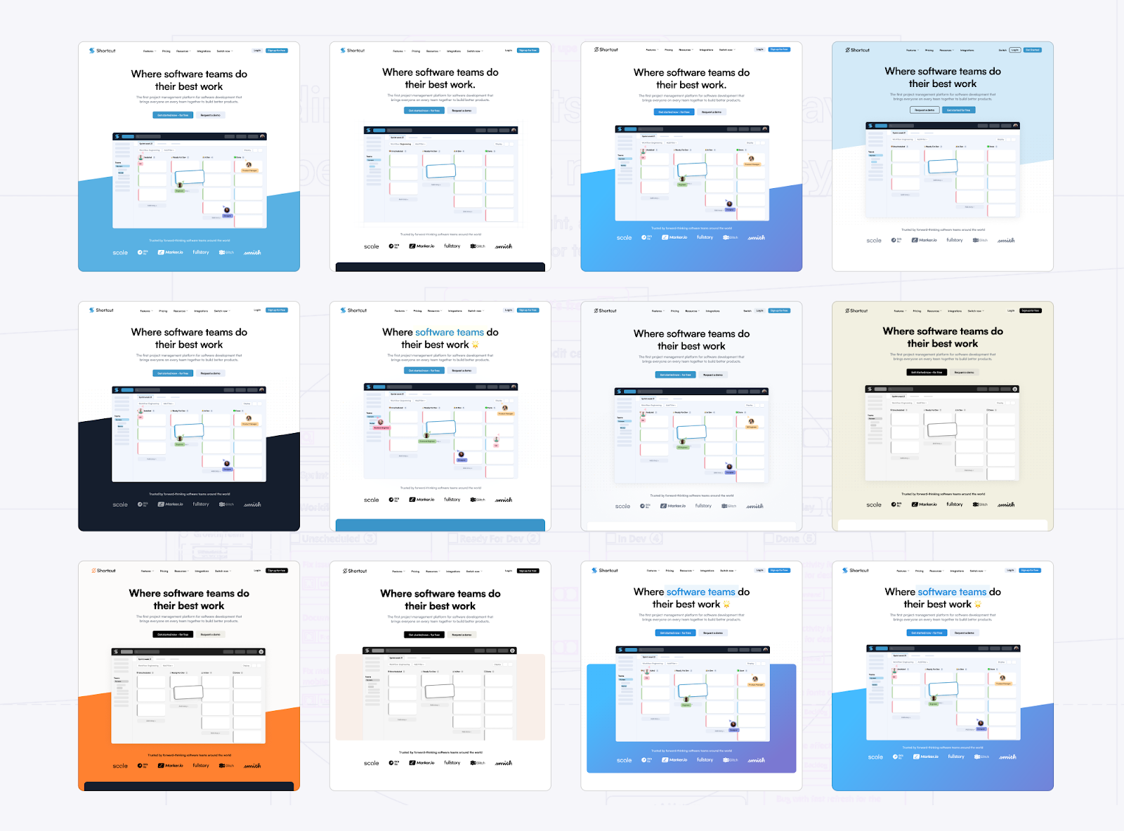 Homepage design explorations — colour and style iterations during the rebrand process